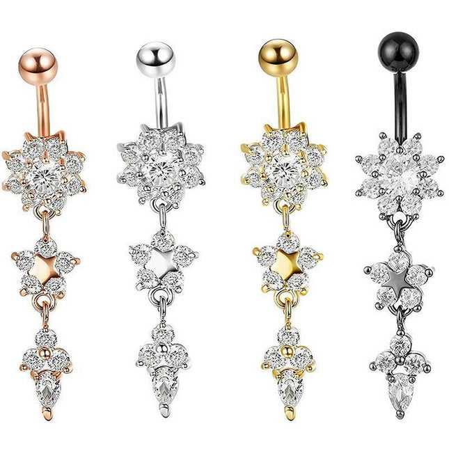 Flower Crystal Surgical Steel Dangle BELLY Button Navel bars Ring Body Piercing - Aimall