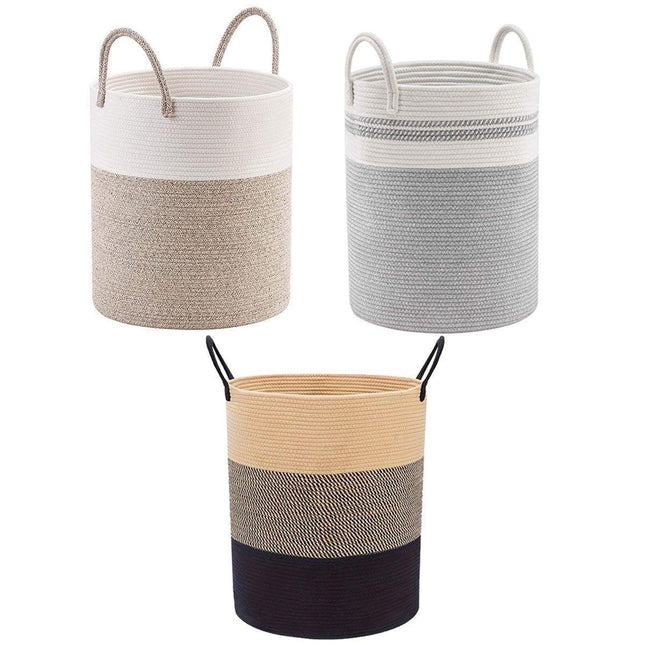 Woven Cotton Rope Storage Basket Foldable Laundry Bin Bamboo Clothes Organizer