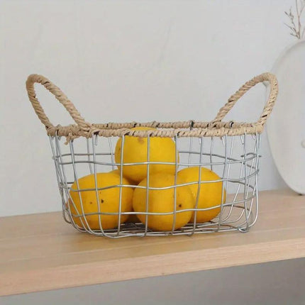 Handcrafted Iron Wire Storage Basket with Paper Rope Handles for Home Organization