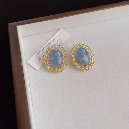 Elegant Blue Oil Drop Oval Earrings Retro Fashion Silver Needle Women Jewelry