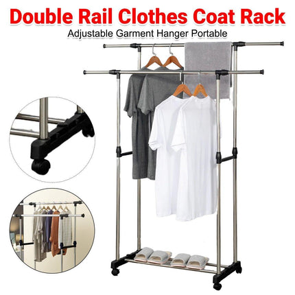 Adjustable Double Clothes Rack Stainless Steel Garment Holder Coat Hanger Stand