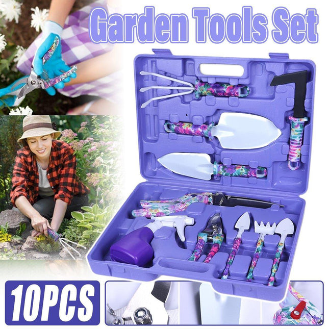 10PCS Garden Tool Kit Shovel Rake Planting Tools Set with Purple Handles Gift