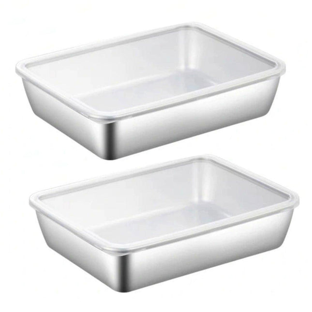 2PCS Stainless Steel Square Food Tray With Lid Rectangular Storage Box Plate