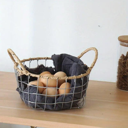 Handcrafted Iron Wire Storage Basket with Paper Rope Handles for Home Organization