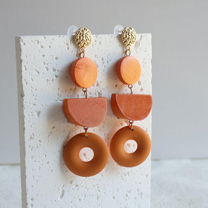 Geometric Wooden Earrings Vintage Simple Colour Block Long Earrings for Women