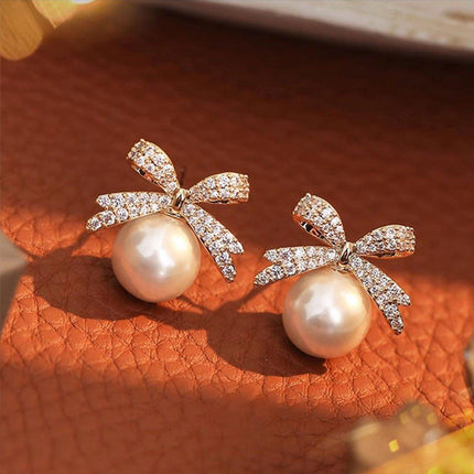 Vintage Ribbon Pearl Earrings Elegant Jewelry for Women Fashion Accessories Gift