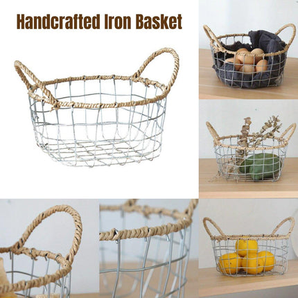 Handcrafted Iron Wire Storage Basket with Paper Rope Handles for Home Organization
