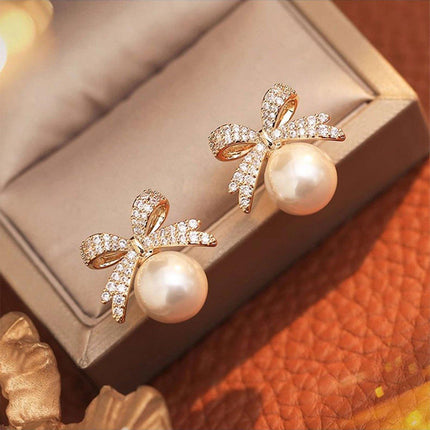 Vintage Ribbon Pearl Earrings Elegant Jewelry for Women Fashion Accessories Gift