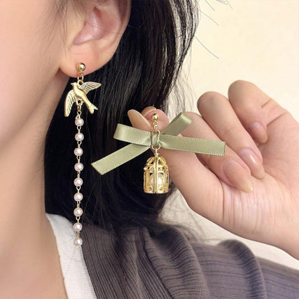 Bird Cage Asymmetrical Earrings Bow Long Fringe Dangle Jewelry Women Fashion