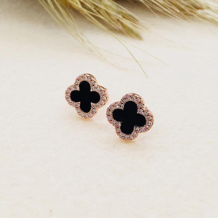 Fashion Flower Four-leaf Lucky Clover Rose Gold White Stud Earring Ladies - Aimall