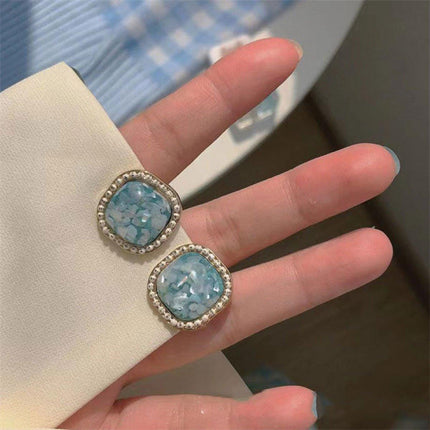 Vintage Green Square Geometric Stud Earrings Crushed Shell Jewelry for Women