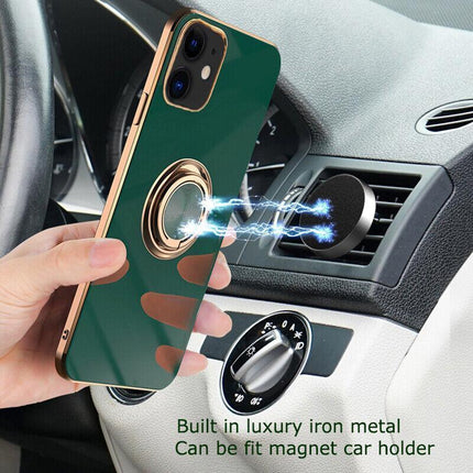 Dark Green Luxury Shockproof Silicone Ring Case Stand Cover for iPhone 14 13 12 Pro Max - Aimall