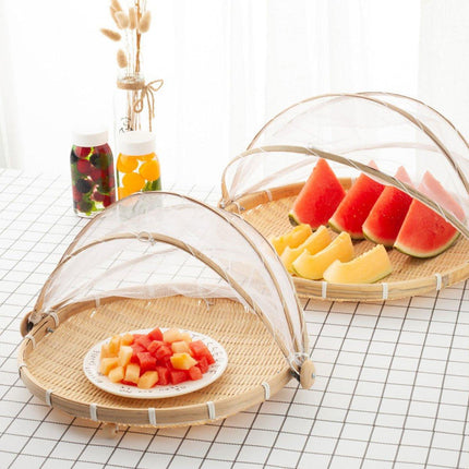 Bamboo Storage Basket with Mesh Cover for Fruit Vegetables Food Buns Kitchen
