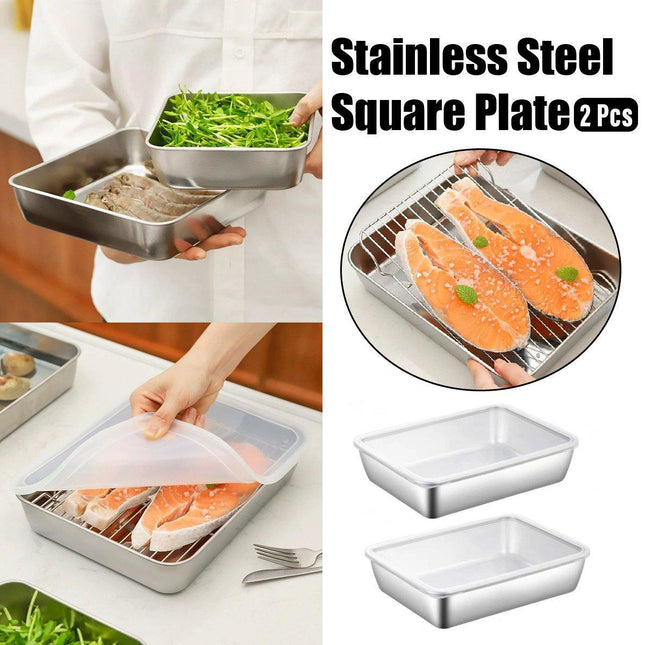 2PCS Stainless Steel Square Food Tray With Lid Rectangular Storage Box Plate