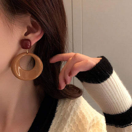 Vintage Caramel Large Circle Dangle Earrings Women Girls Retro Boho Fashion