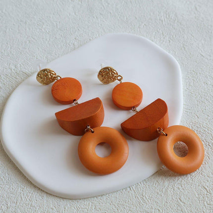 Geometric Wooden Earrings Vintage Simple Colour Block Long Earrings for Women