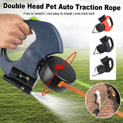 Retractable Lead Leash 360 Swivel Dual Doggie One-to-Two Traction Rope Pet Dog