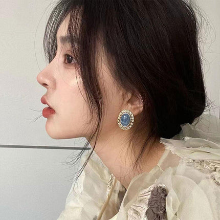 Elegant Blue Oil Drop Oval Earrings Retro Fashion Silver Needle Women Jewelry