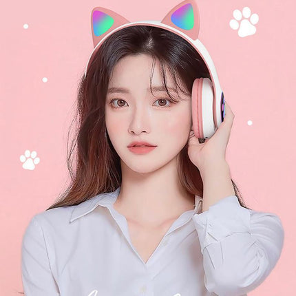 Wireless Headphones Cat Ear Bluetooth Over Ear Kids Headsets Foldable LED Lights - Aimall
