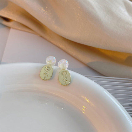 Gold Flower Oval Earrings Elegant Temperament Jewelry for Women Fashion Gift