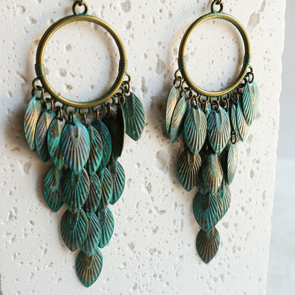 Green Bohemian Feather Tassel Earrings Ethnic Jewelry Women Fashion Accessory