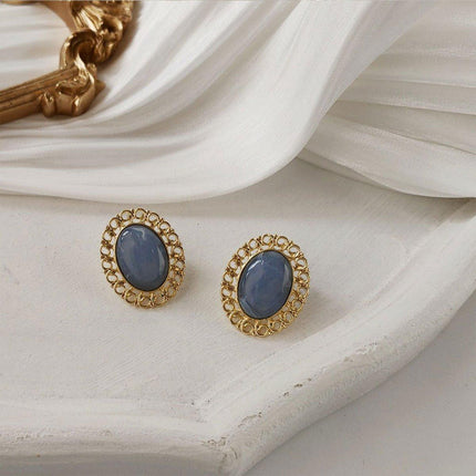 Elegant Blue Oil Drop Oval Earrings Retro Fashion Silver Needle Women Jewelry