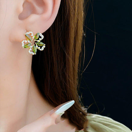 Luxury Olive Green Zircon Flower Earrings Fashion High-end Needle Earrings