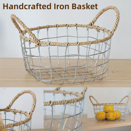 Handcrafted Iron Wire Storage Basket with Paper Rope Handles for Home Organization