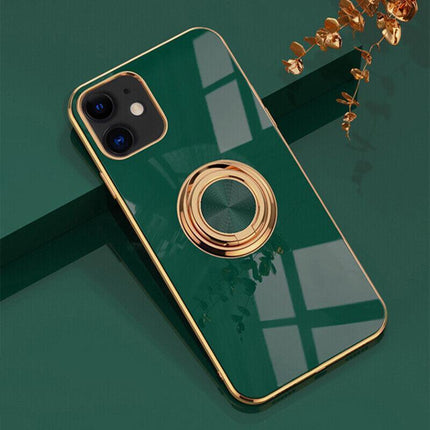 Dark Green Luxury Shockproof Silicone Ring Case Stand Cover for iPhone 14 13 12 Pro Max - Aimall