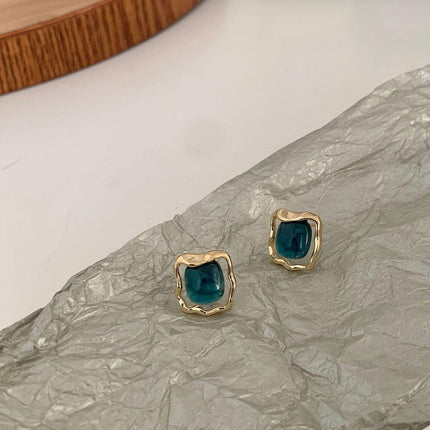 Elegant Blue Oil Drop Earrings Fashion Retro Geometric Irregular Silver Needle