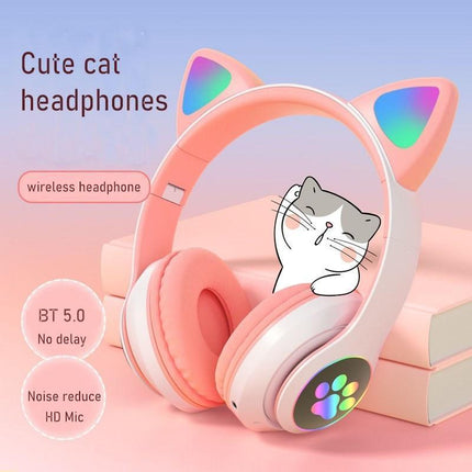 Wireless Headphones Cat Ear Bluetooth Over Ear Kids Headsets Foldable LED Lights - Aimall