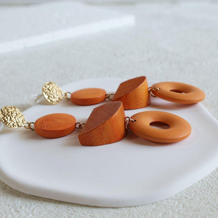Geometric Wooden Earrings Vintage Simple Colour Block Long Earrings for Women