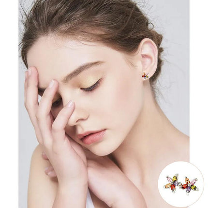 Colourful Petal Zircon Earrings Silver Ladies Wedding Party Christmas Gift - Aimall