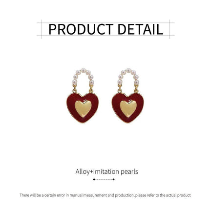 Red Heart Pearl Stud Earrings Fashion Jewelry Elegant Women Accessories