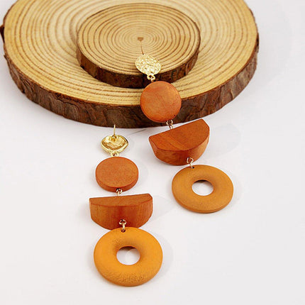 Geometric Wooden Earrings Vintage Simple Colour Block Long Earrings for Women