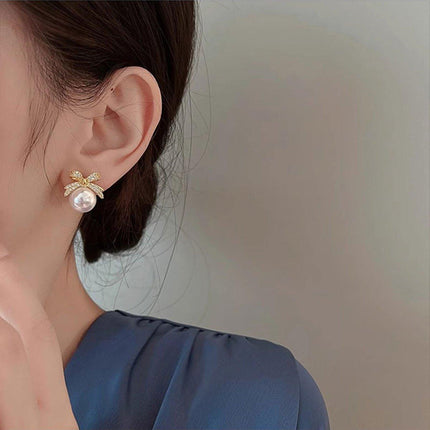 Vintage Ribbon Pearl Earrings Elegant Jewelry for Women Fashion Accessories Gift