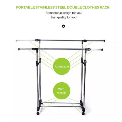 Adjustable Double Clothes Rack Stainless Steel Garment Holder Coat Hanger Stand