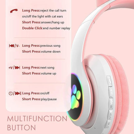 Wireless Headphones Cat Ear Bluetooth Over Ear Kids Headsets Foldable LED Lights - Aimall