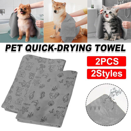 2PCS Quick Dry Absorbent Dog Bath Towels Soft Printed Cat Towel Set Pets