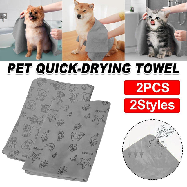 2PCS Quick Dry Absorbent Dog Bath Towels Soft Printed Cat Towel Set Pets