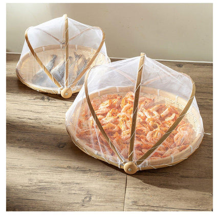 Bamboo Storage Basket with Mesh Cover for Fruit Vegetables Food Buns Kitchen