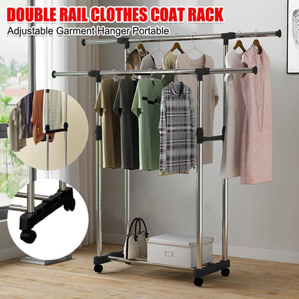 Adjustable Double Clothes Rack Stainless Steel Garment Holder Coat Hanger Stand