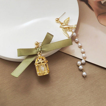 Bird Cage Asymmetrical Earrings Bow Long Fringe Dangle Jewelry Women Fashion