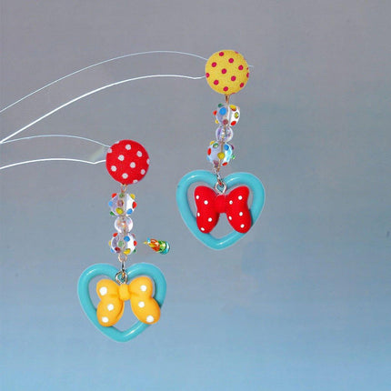 Trendy Bow Earrings Women Cute Peach Ear Clips Dotted Heart Stud Earrings