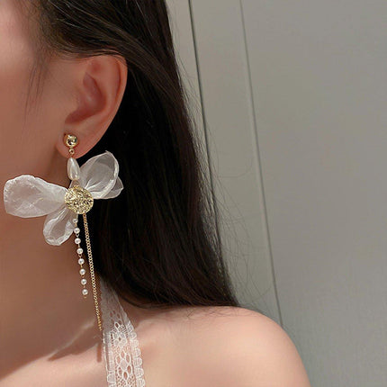 Vintage White Bow Long Earrings Sweet Fashion Jewelry for Women Elegant Gift