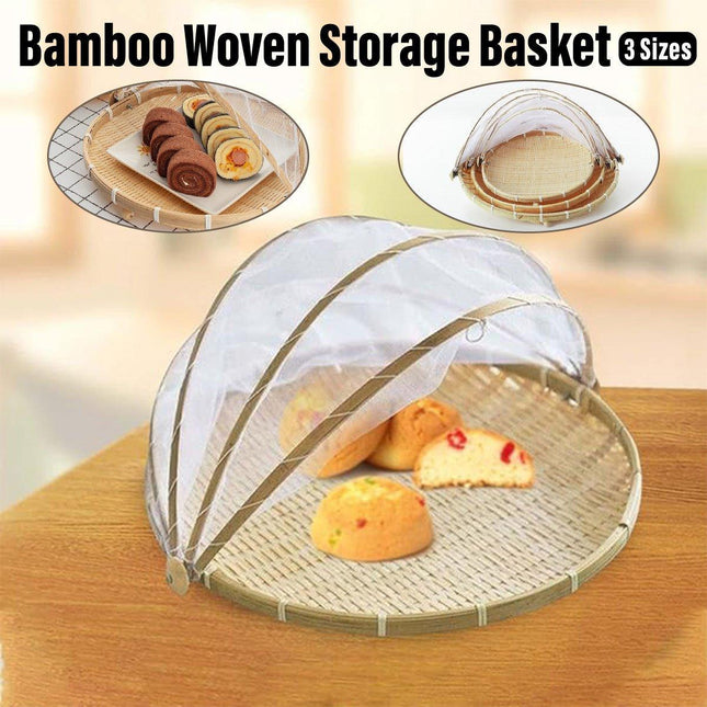 Bamboo Storage Basket with Mesh Cover for Fruit Vegetables Food Buns Kitchen