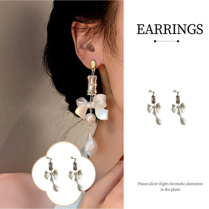 Sweet White Bow Long Earrings for Girls Elegant Fashion Dangle Jewelry Gift