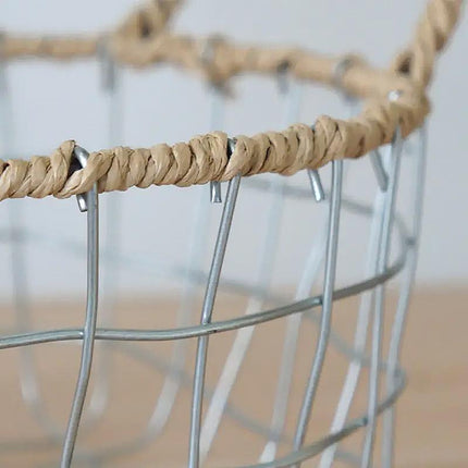 Handcrafted Iron Wire Storage Basket with Paper Rope Handles for Home Organization