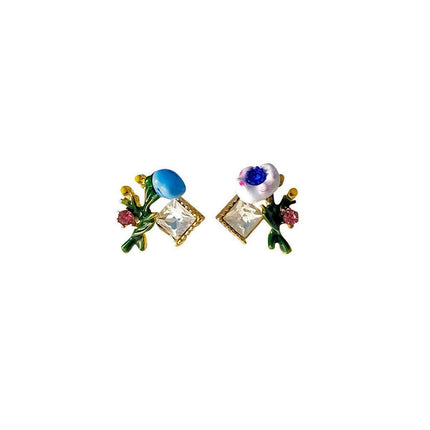Asymmetric Enamel Flower Earrings for Women Sweet Jewelry Trendy Accessories