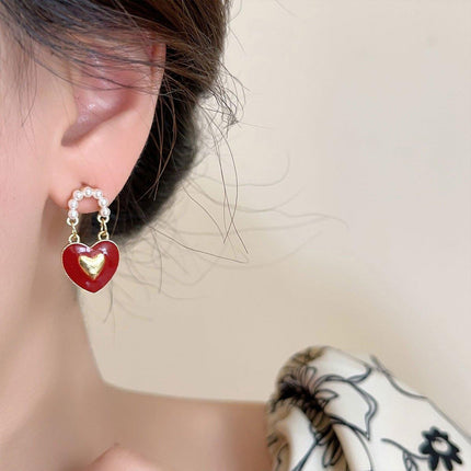 Red Heart Pearl Stud Earrings Fashion Jewelry Elegant Women Accessories
